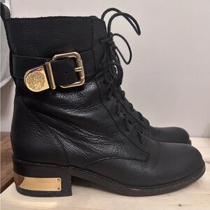 Vince Camuto Black Combat Boots with Gold Buckle